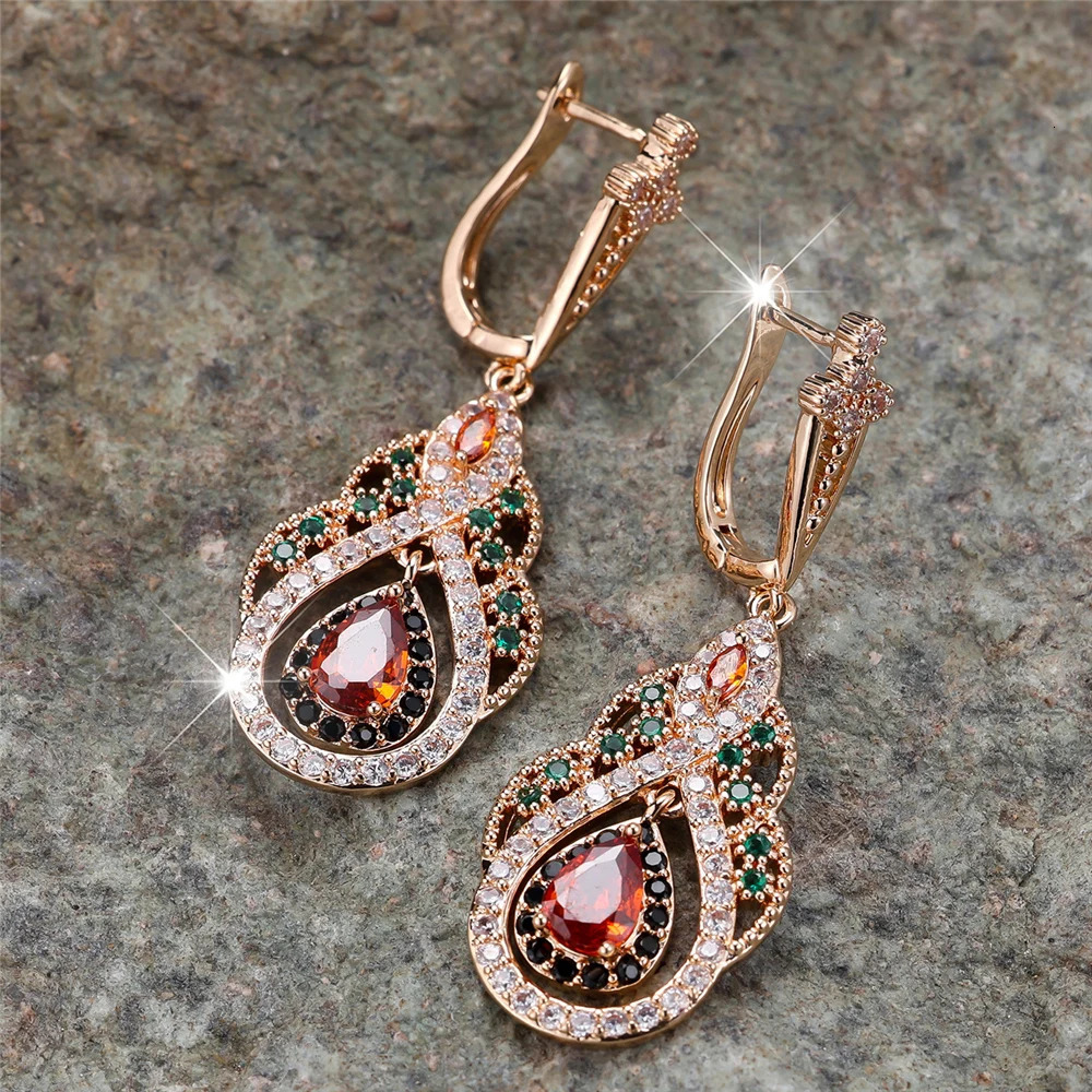 Trendy Crystal Red Zircon Drop Water Hoop Earrings For Women Vintage Gold Color Wedding Jewelry 250314