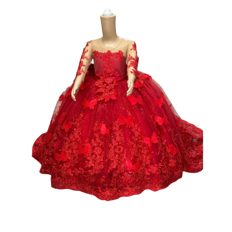 Red Ball Gown Little Girls Pageant Dresses Lace Butterfly Appliques Long Sleeves Kids Formal Wear Toddler Birthday Party The First Communion Dress