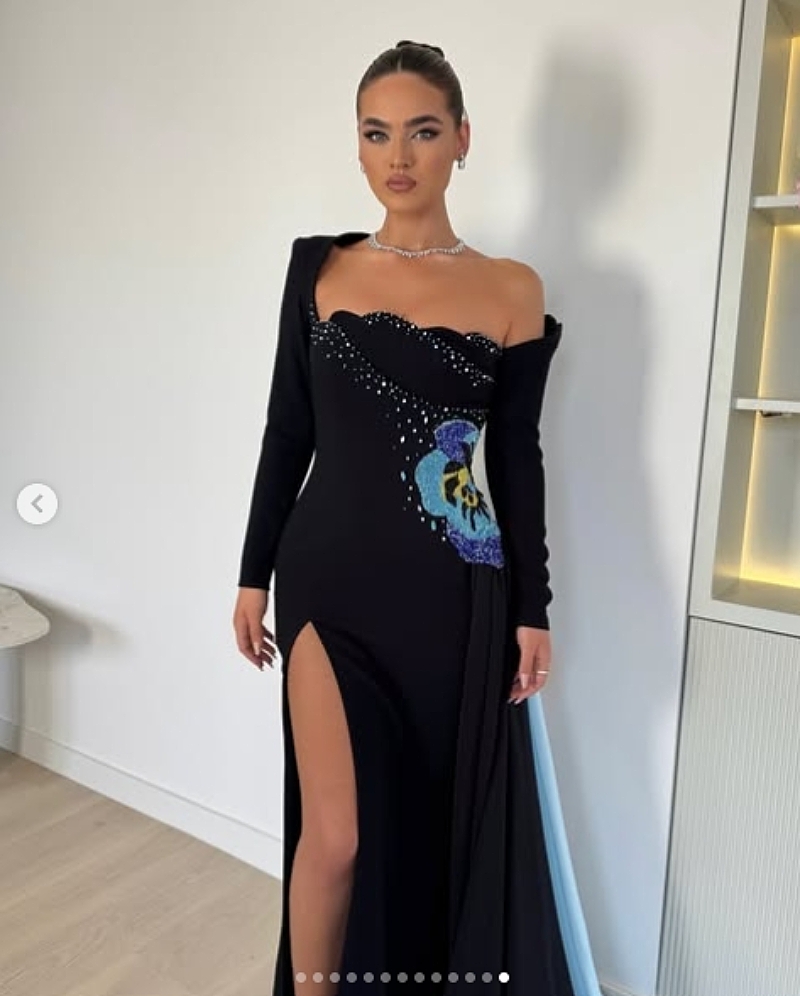2025 Elegant Black Mermaid Prom Dresses Side Slit Long Sleeves Chic Formal Party Gowns Embroidery Floral Beaded Evening Dress For Women