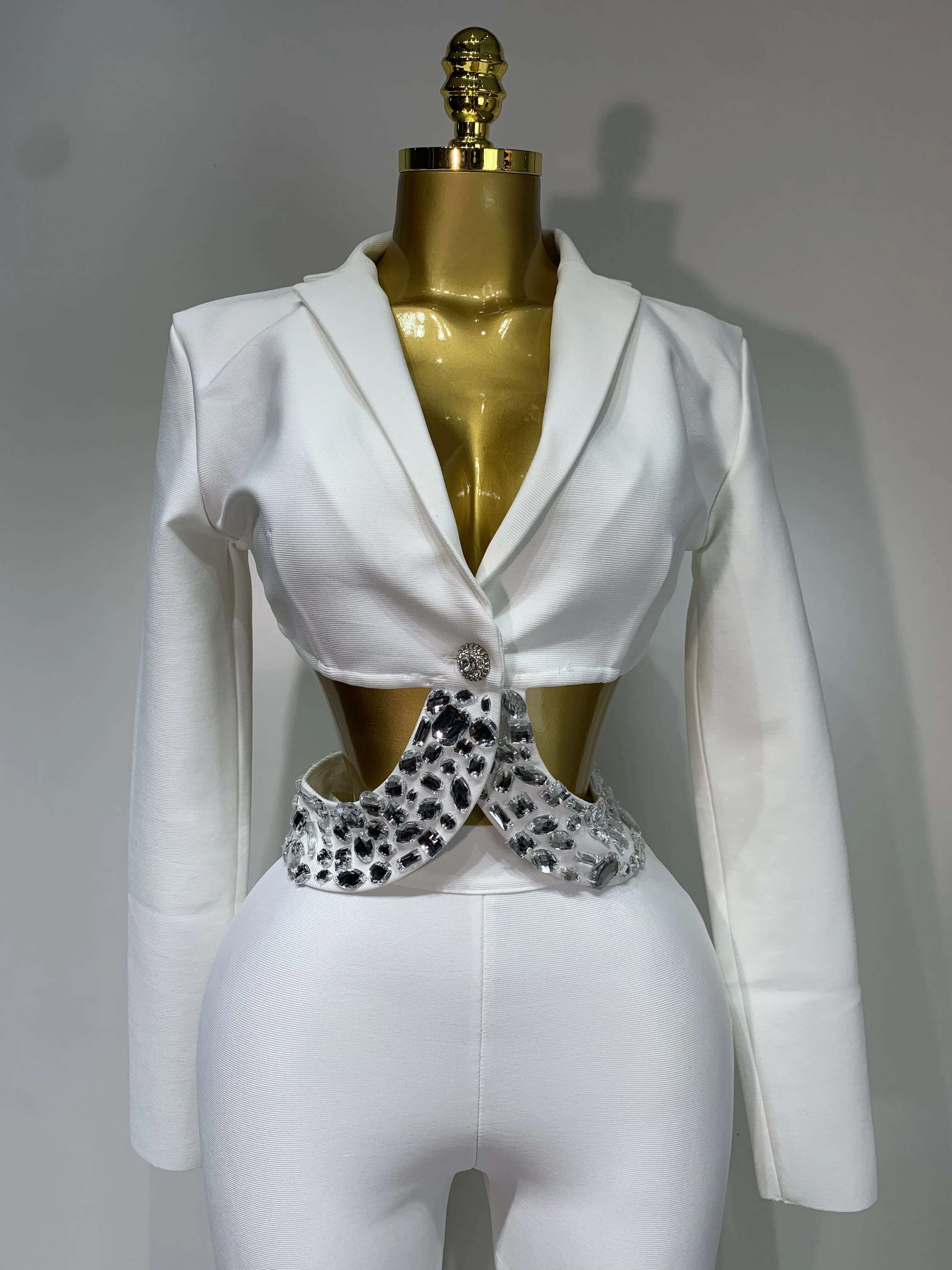 Women Sexy Long Sleeve Beading Bodycon Two Pieces Pants Bandage 2025 Celebrity Designer Fashion Women's Birthday Set