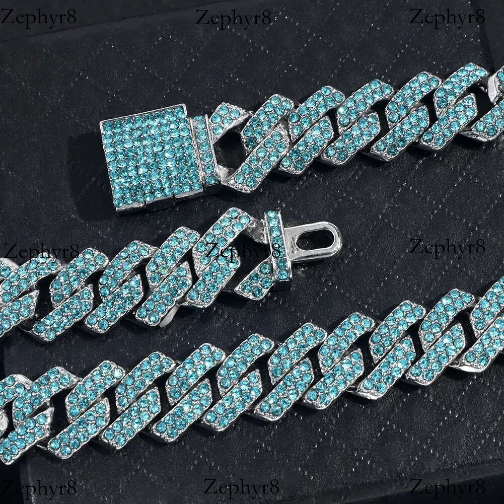 Hip Hop Blue AAA Rhie k Necklace For Men Women Punk 14MM Prong Cuban Chain Necklaces Rock Party Jewelry