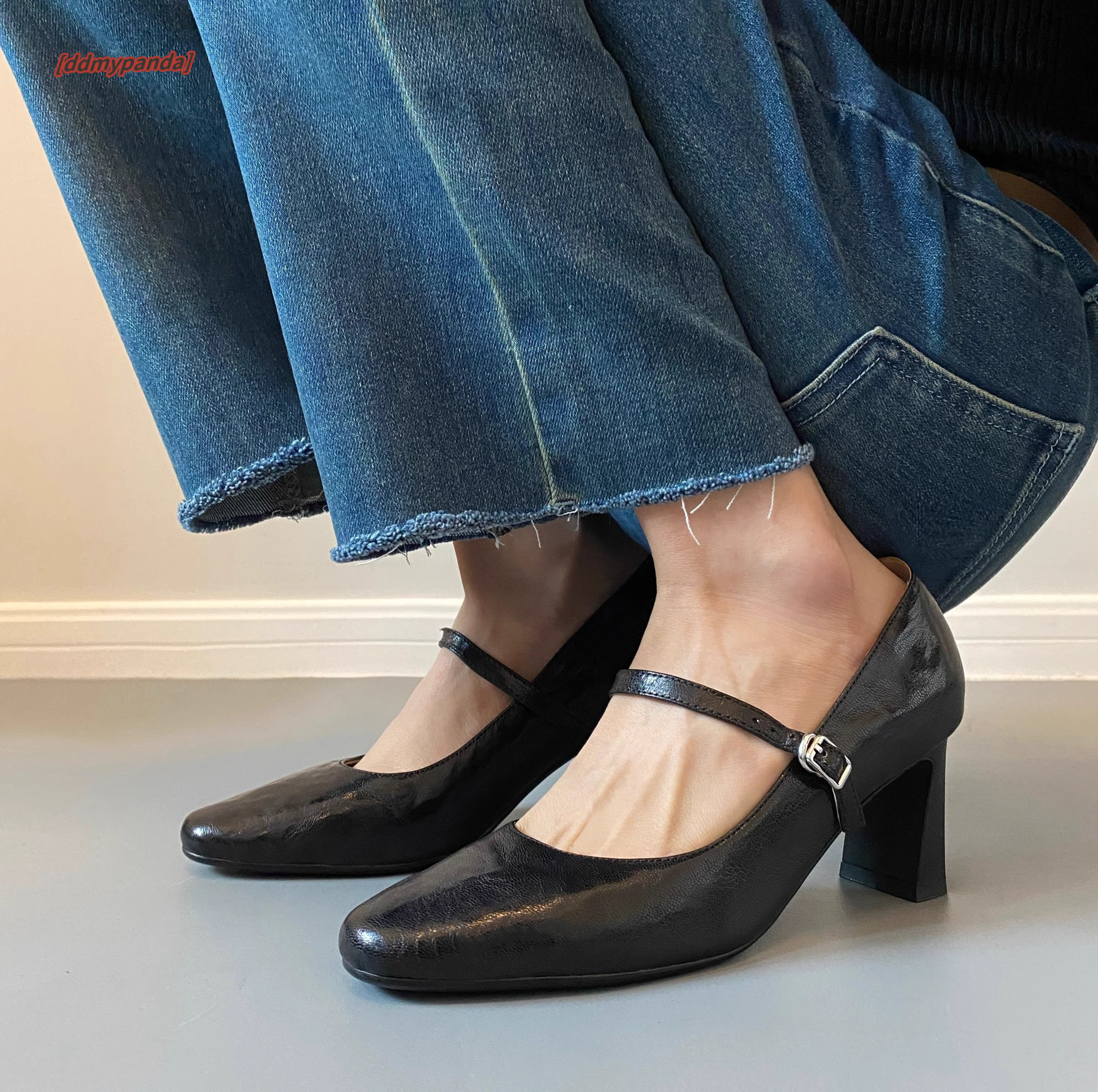 Cowhide version~French square toe high heels 2025 new spring/summer simple one-piece Mary Jane women's single shoes ddmypanda