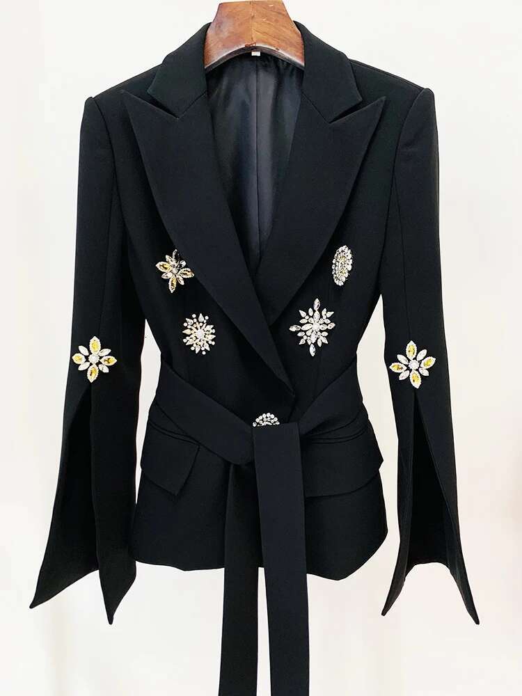 HIGH STREET Newest Fashion 2024 Runway Designer Blazer Women's Slit Sleeve Crystal Rhie Dias Beaded Belted Jacket