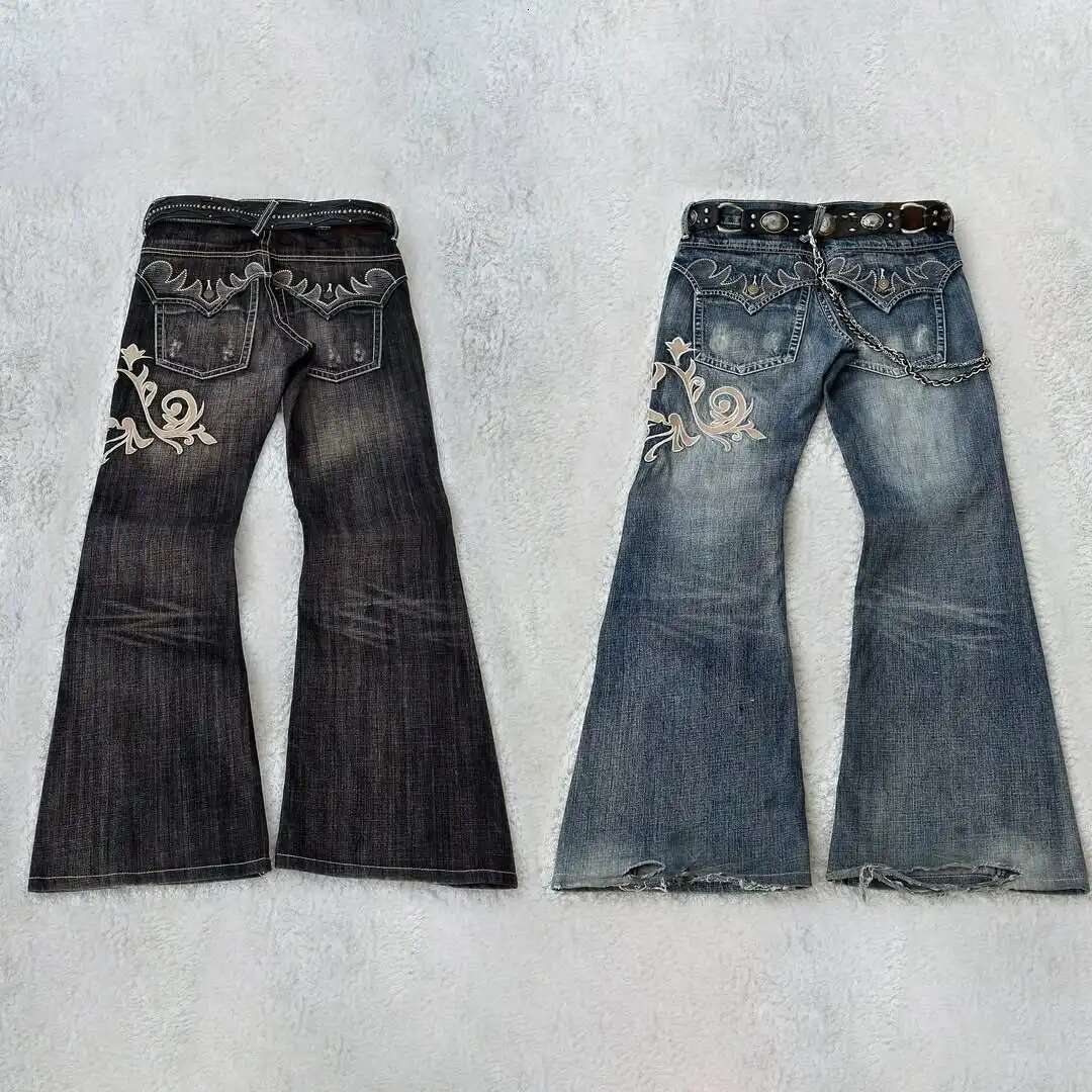 Y2k New American Retro Embroidery Pattern Horn -Shaped Street Fashion Gothic Slim Mop Pants Women Jeans
