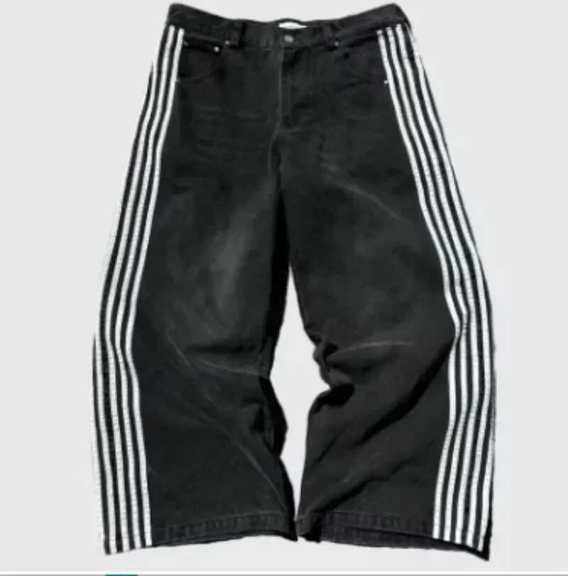 Y2k High-Waisted Women Haruku Trend Striped Straight Leg Jeans Hip Hop Retro Streetwear Couple Baggy Wide-Leg Pants