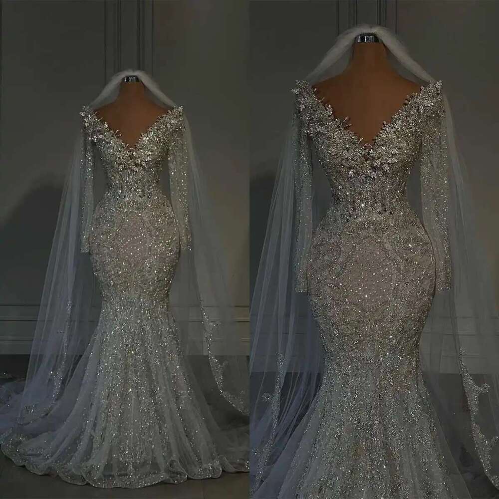 Glitter V Neck Crystal Wedding Dresses Laces Beading Sweep Train Long Sleeves Custom Bridal Dress