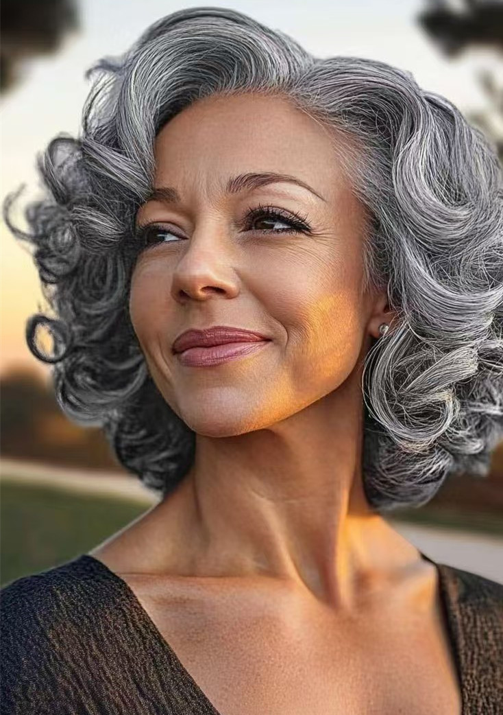 Soft fluffy bouncy Gray curls human hair wigs lace 5X5 HD, Salt and Pepper Grey natural hairstyle for Elegant silver strand Lace closure wig Graceful 