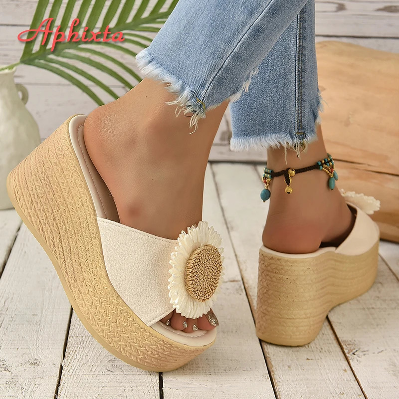 Aphixta Beige Summer 9cm Wedge Heels Slippers Women Bohemian Sunflower Mulers 4cm Platform Sandals Clog Shoe Slides Plus Size 43 250314
