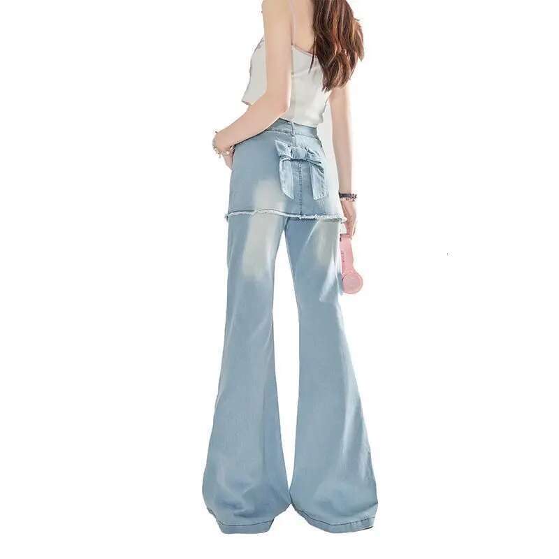Summer New Korean Fashion Fake Two Piece Spliced Skirt High Waist Slimming Straight Pants Flare Jeans Women Clothing