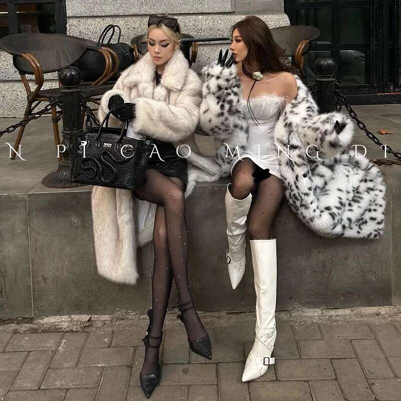 Women's Faux Bobcat Imitation Fox Thick Long Leopard Print Fur Coat