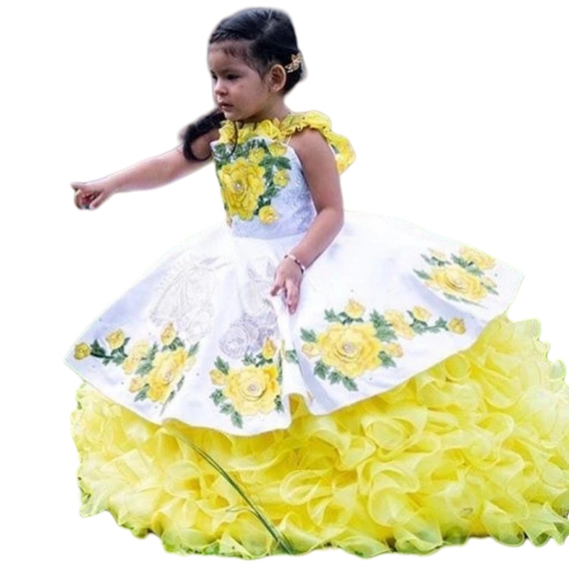 Charro Cute Ruffles Tutu Little Girls Pageant Dresses White And Yellow Floral Embroidery Prom Formal Wear Kids Toddler Birthday Party Quinceanera Dres