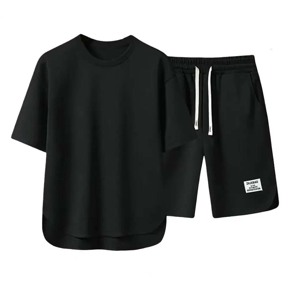 Men Sportswear Set Mens Summer Outfit Set O-neck Short Sleeve T-shirt Drawstring Waist Wide Leg Shorts Activewear Set 2pcs/set 250310