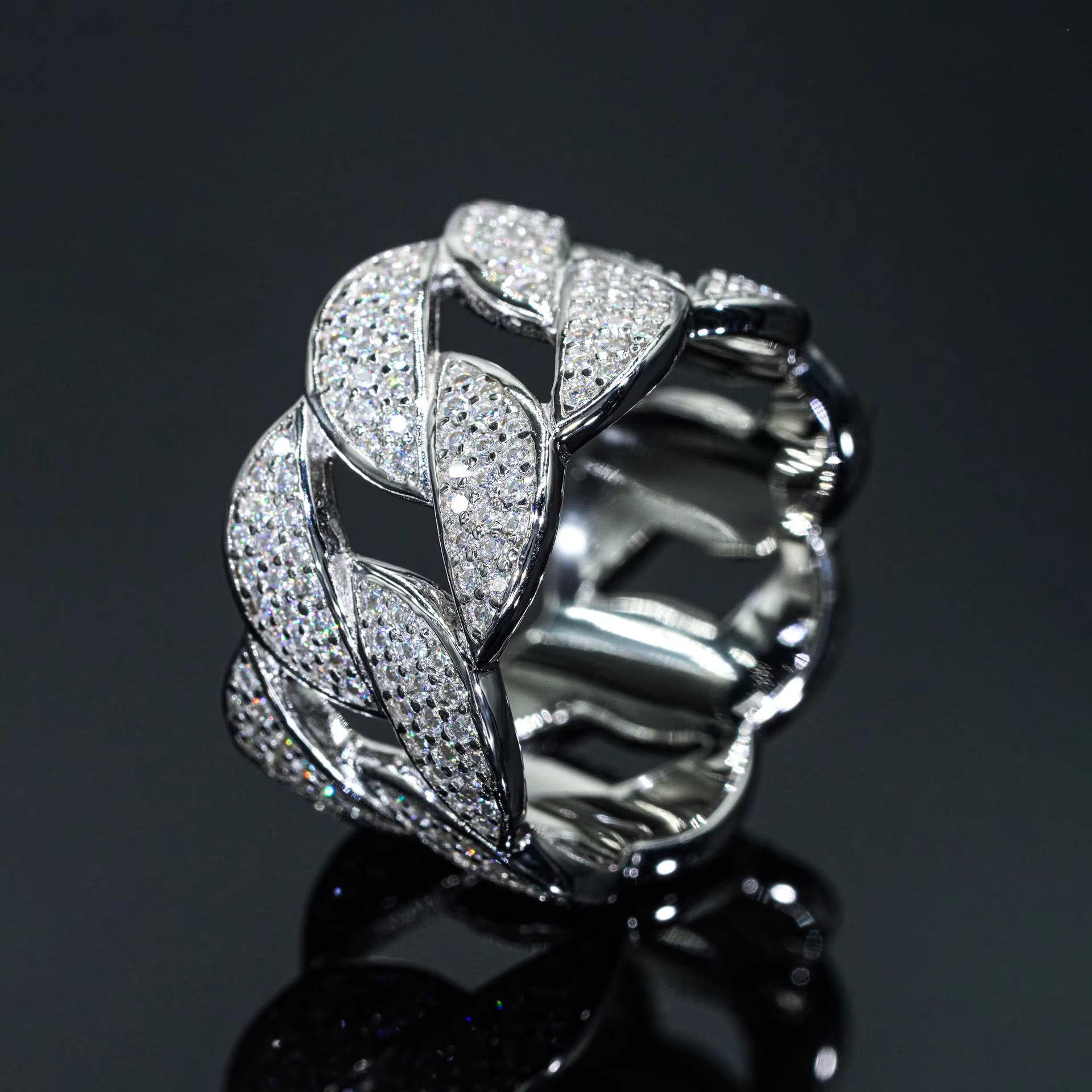 Thick S925 Silver MOISSANITE 3-ROW CUBAN LINK RING Pave DEF Color VVS Moissan Chain Band Fine Jewelry for Men Women Lovers Gift