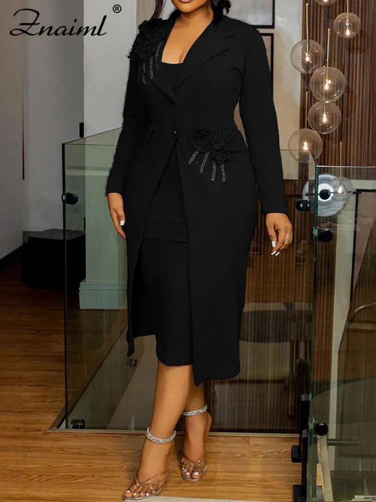 Znaiml Fashion Work Business Woman Wer Pearl Dias Long Blazer And Strap Dress 2 Pieces Sets Office Lady African Outfits