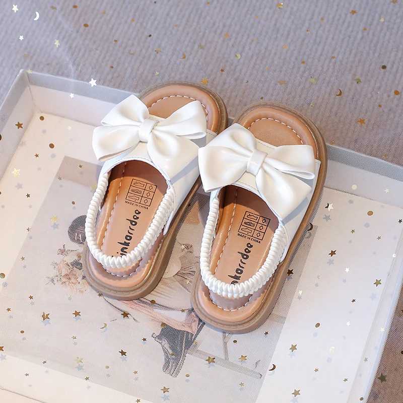 Summer girls sandals big bow pink beige Pu leather holiday childrens slider elastic band open casual comfortable childrens shoesT250315