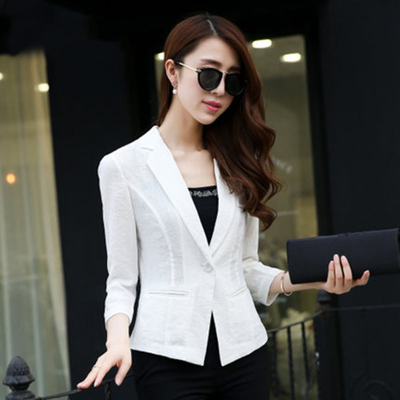 X313Cotton and Linen Women's Suit Jacket - Short Temperament Style with Three-Quarter Sleeves