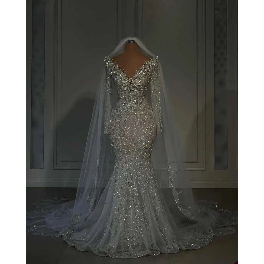 Glitter V Neck Crystal Wedding Dresses Laces Beading Sweep Train Long Sleeves Custom Bridal Dress