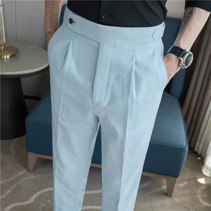 High quality summer set mens thin cotton linen breathable intelligent casual solid straight skirt pants 90% 250313