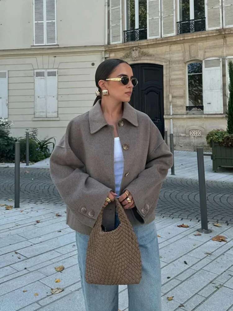 Fashion Solid Woolen Demi-Season Jacket Single Breasted Lapel Long Sleeved Coats High Street Autumn Women Versatile Coat