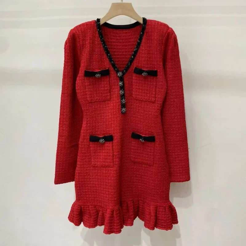 2024 Summer Women's V Neck Knitted Slim Fit Long Sleeve Pocket Office Ladies Elegant Mini Dress