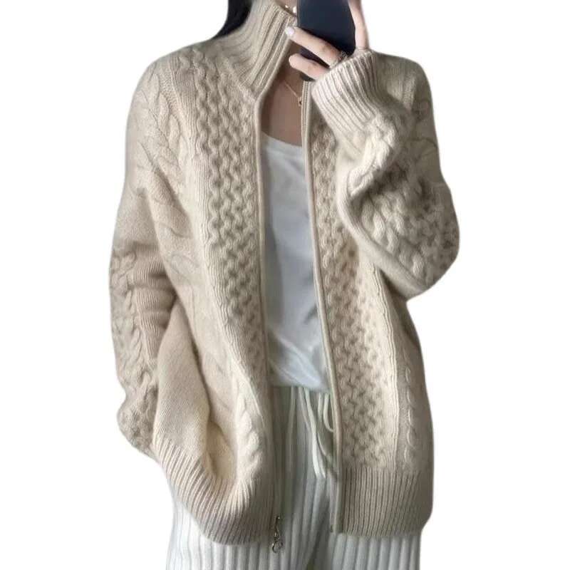 European Station Autumn And Winter Thick High-Necked Cashmere Knitted Cardigan Woman Loose Thin Zipper Sweater Wool Coat