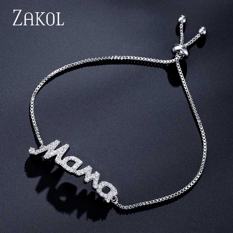 ZAKOL Exquisite Mom Letter CZ Bracelet Womens Sparkling Micro paved Zirconia Gold Color Adjustable Chain Bracelet GiftXJ250315