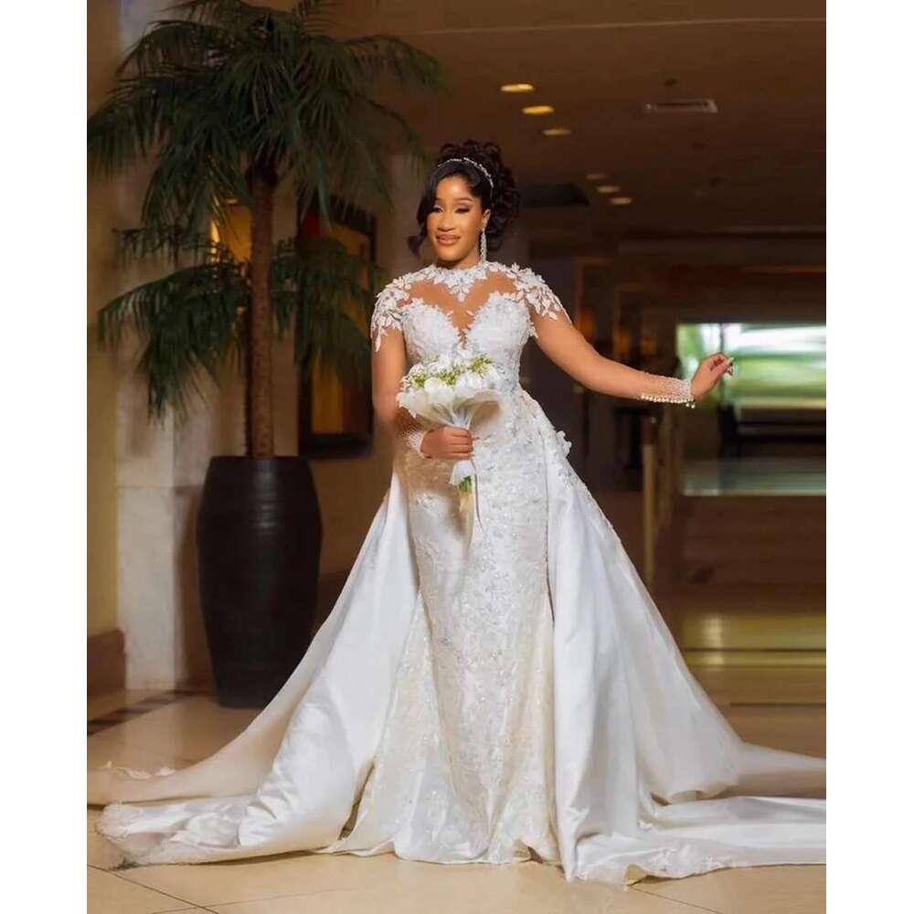 Custom high neck appliques beads mermaid full sleeves african arab wedding dress with removable