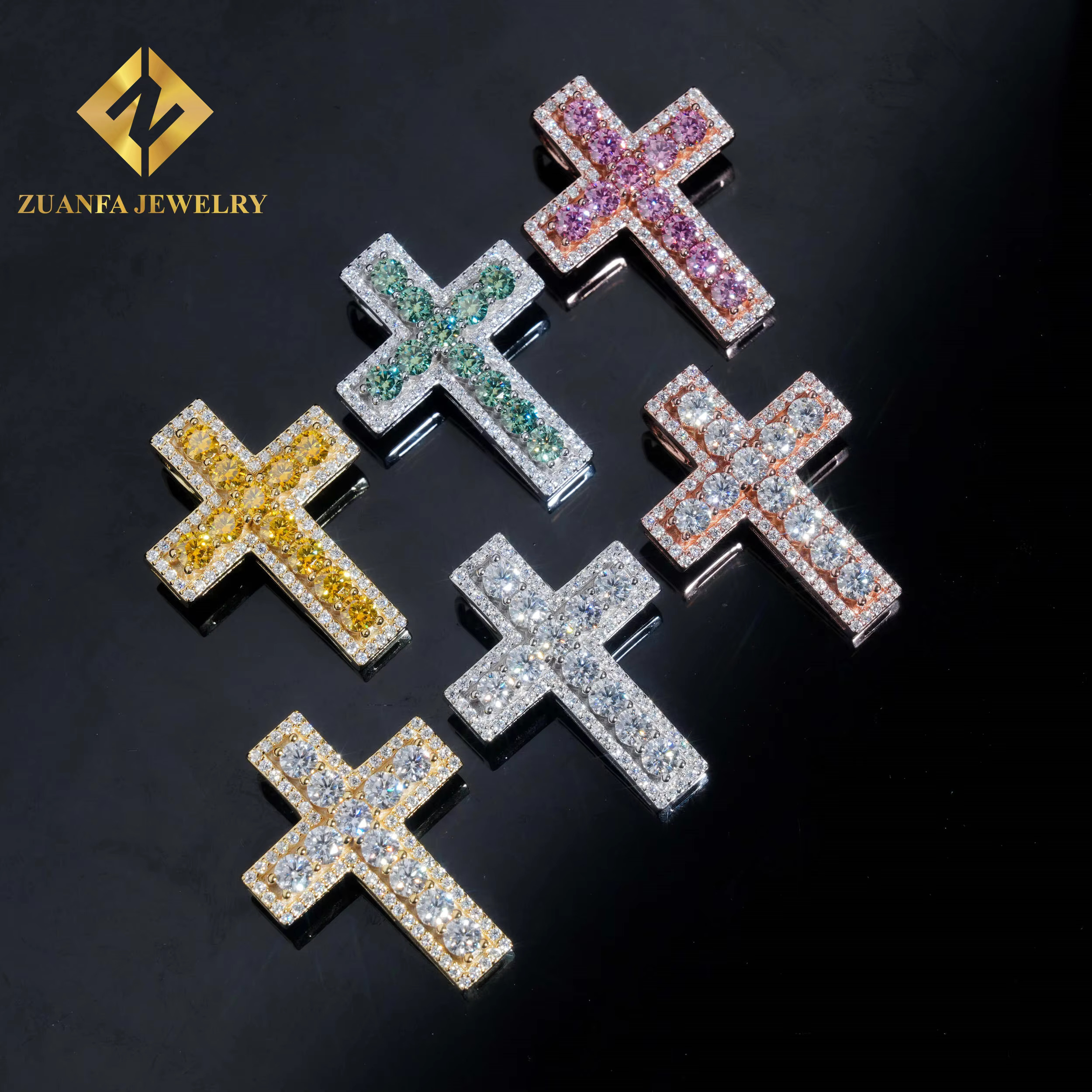 Hot Sale RTS Colorful Moissanite Cross Pendant 925 Sterling Silver Gold Plated Pass Diamond Tester Moissanite Pendant