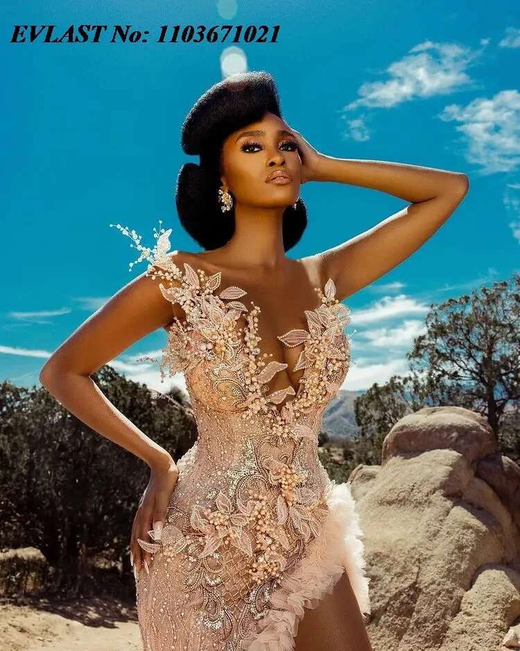 Add to Wish Custom Beading Mermaid Ball Sexy Slit Side Pink Tulle Train 3D Appliques Party Dress prom