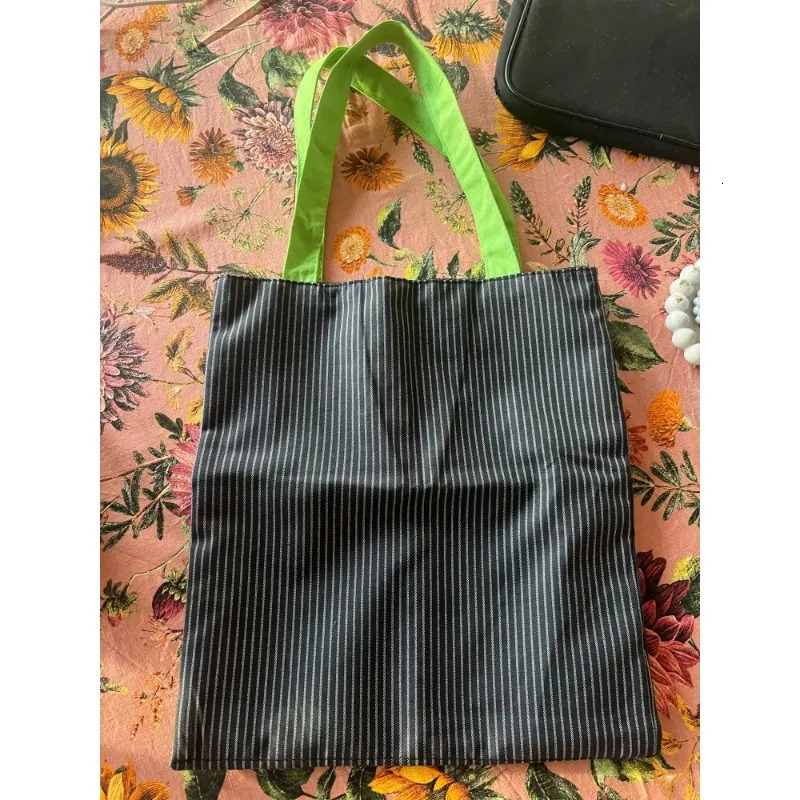 Practical Large-capacity Canvas Bag Double-layer Fashion Handbag Simple Striped Shoulder Bag Foldable Travel Tote Bags 250311