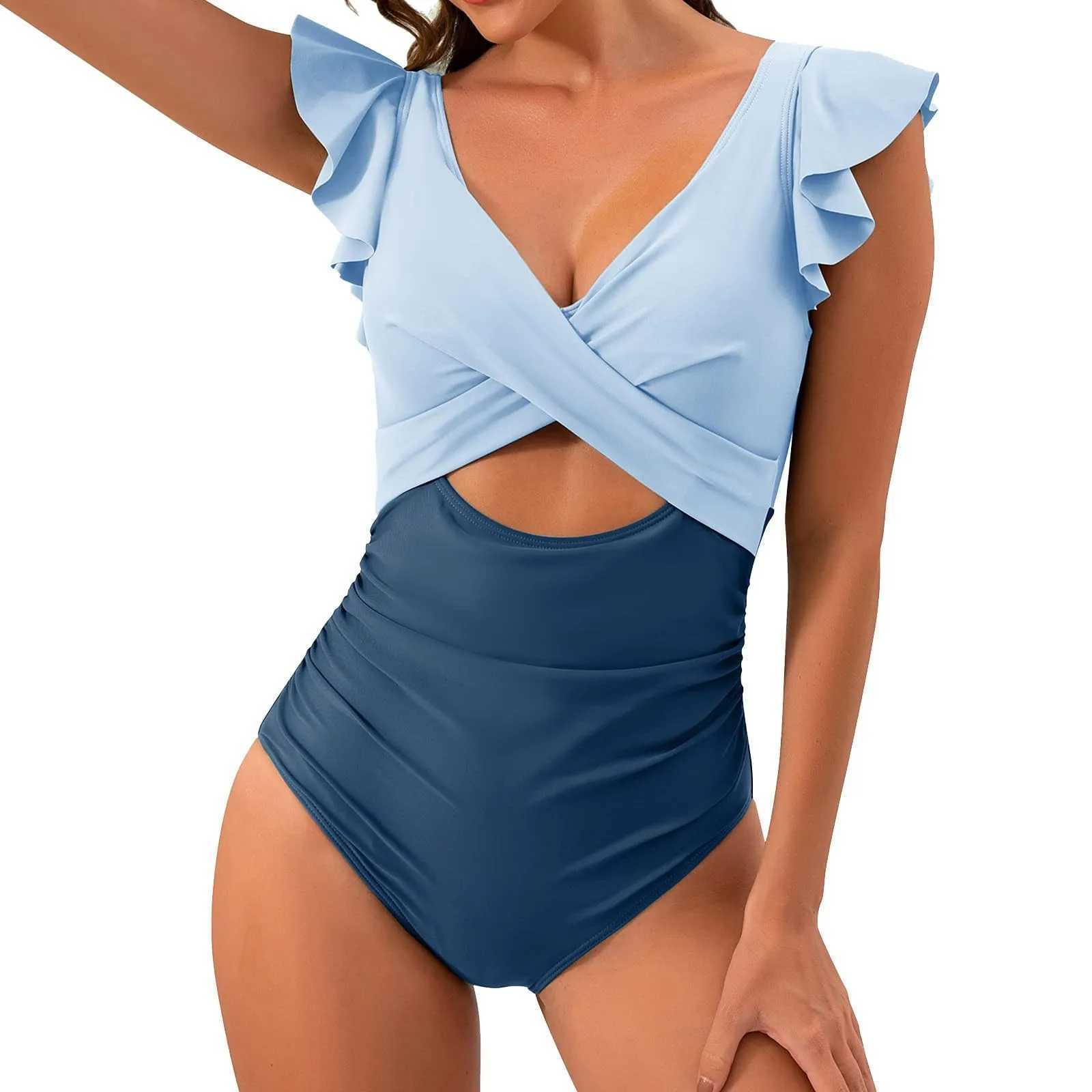 One piece swimsuit V-neck solid color SS belly control high cut swimsuit womens swimsuit and clothing 2024 beach swimsuitXJ250315