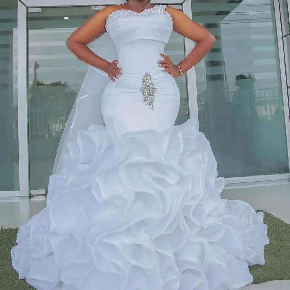 Custom bright v neckline crystals mermaid dresses organza pleated cascading ruffles wedding dress