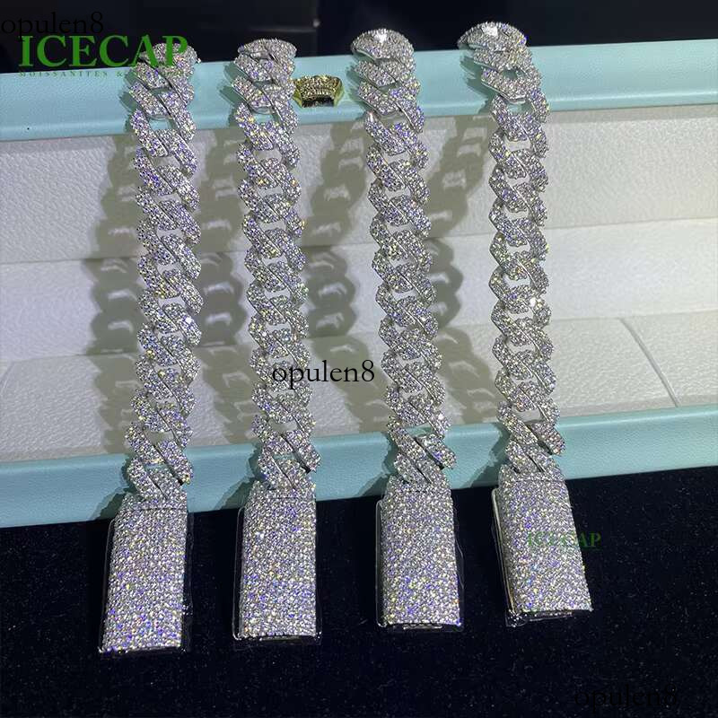 Fine 12MM 2Rows Sterg Sier Iced Out Jewelry Chain Men Women Cuban Moissanite Bracelet