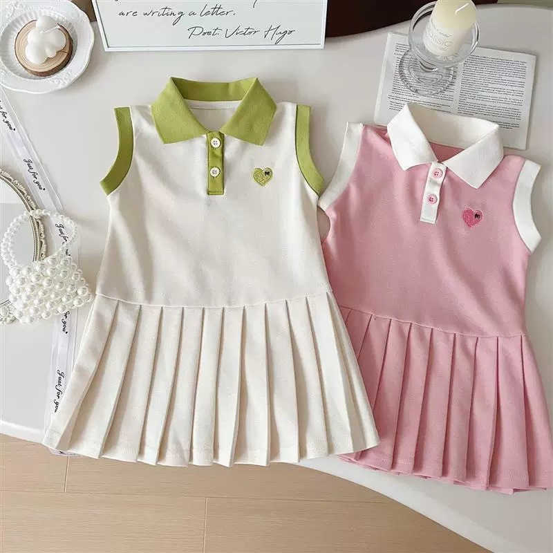 Girl's Dresses Girls' summer dress medium long dress 2024 new style for small and medium-sized children, western-style lapel vest skirt, col