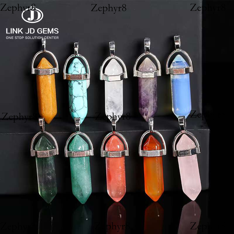 Wholesale Cheap Stone Bullet Head Natural Stones Crystal Hexagonal Column Pendant for Necklace Jewelry Making