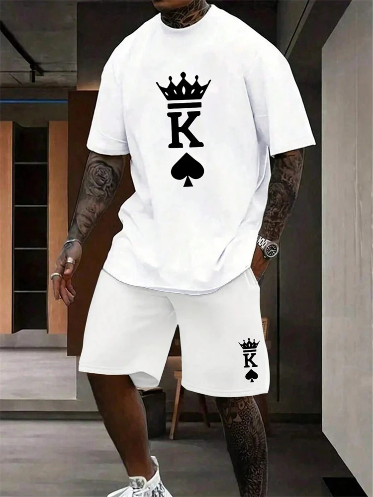 2025 Summer Mens Short sleeved Shorts Set Fashion King Printed T-shirt Shorts 2 sets Casual Round Neck Jumping Breathable S 250310