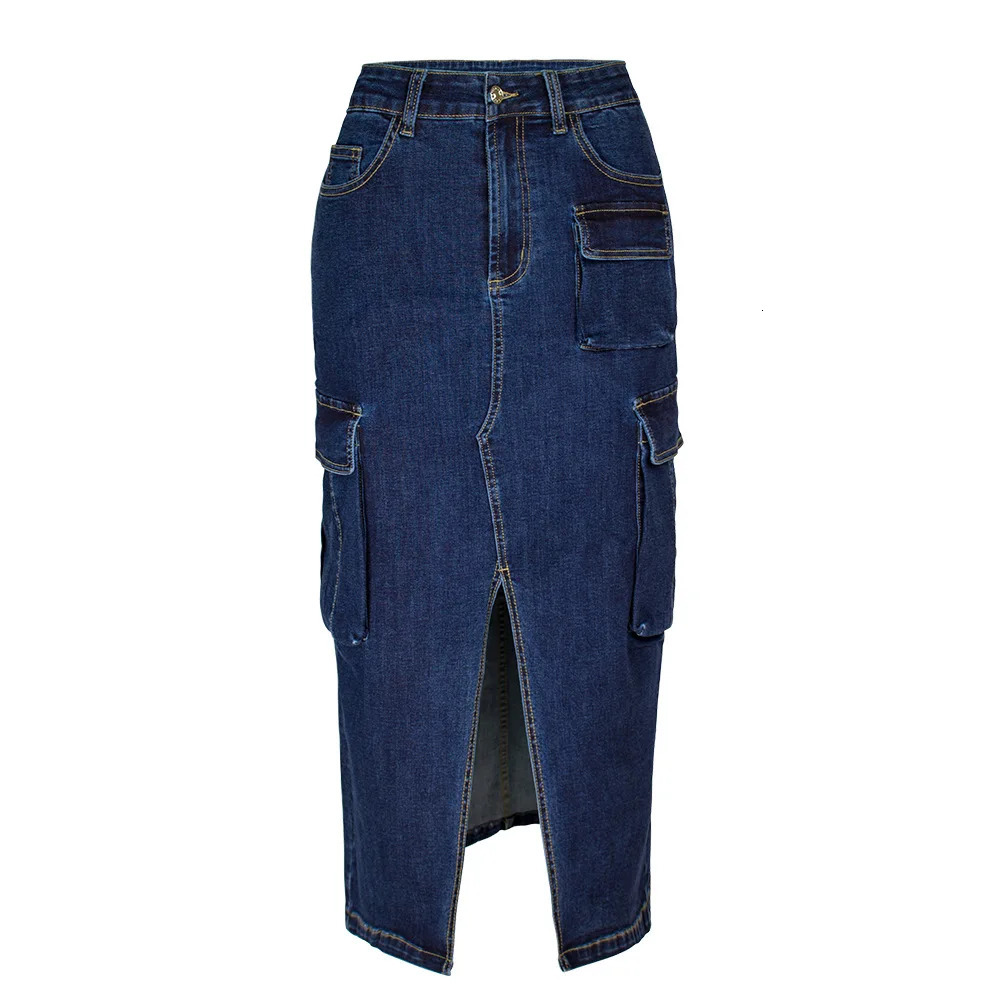 Cargo Denim Skirt Jeans Womens Elegant Multi Pocket Front Split Long Packaging Skirts Irregular Work Clothes Street Coat Set XS 250310