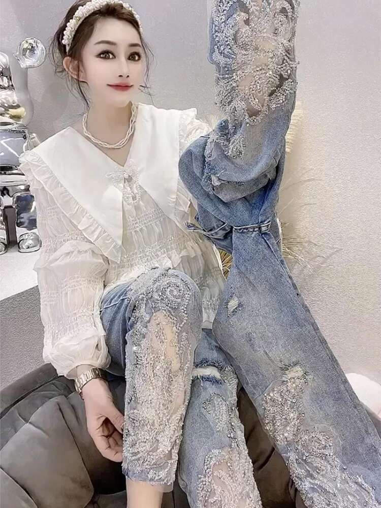 Summer For Woman And S Straight Leg Rhies Transparent Women's Jeans Lace Grunge Y2k Spring Pants