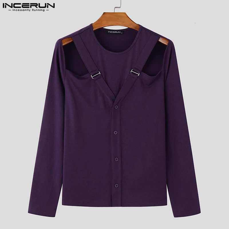 INCERUN Mens Top Fashion Metal Buckle Hollow n Tshirt Casual Street Wear Solid Long Sleeve Camiseta S5XL 250312