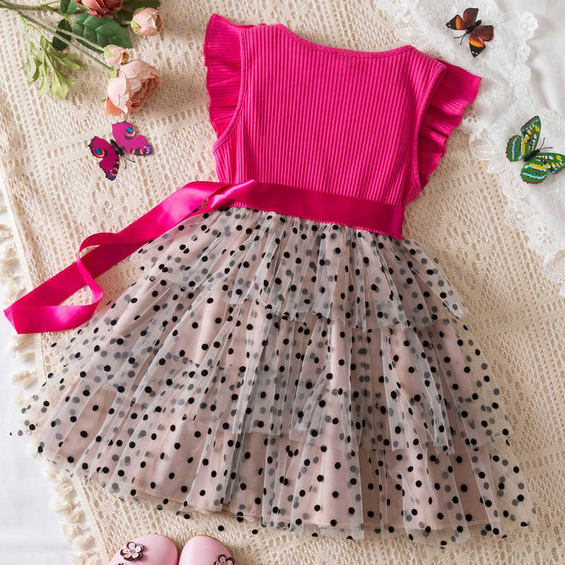 Girl's Dresses New girls' dress Korean version Feifei sleeve polka dot mesh princess skirt Western style multi-layer mesh cake skirt