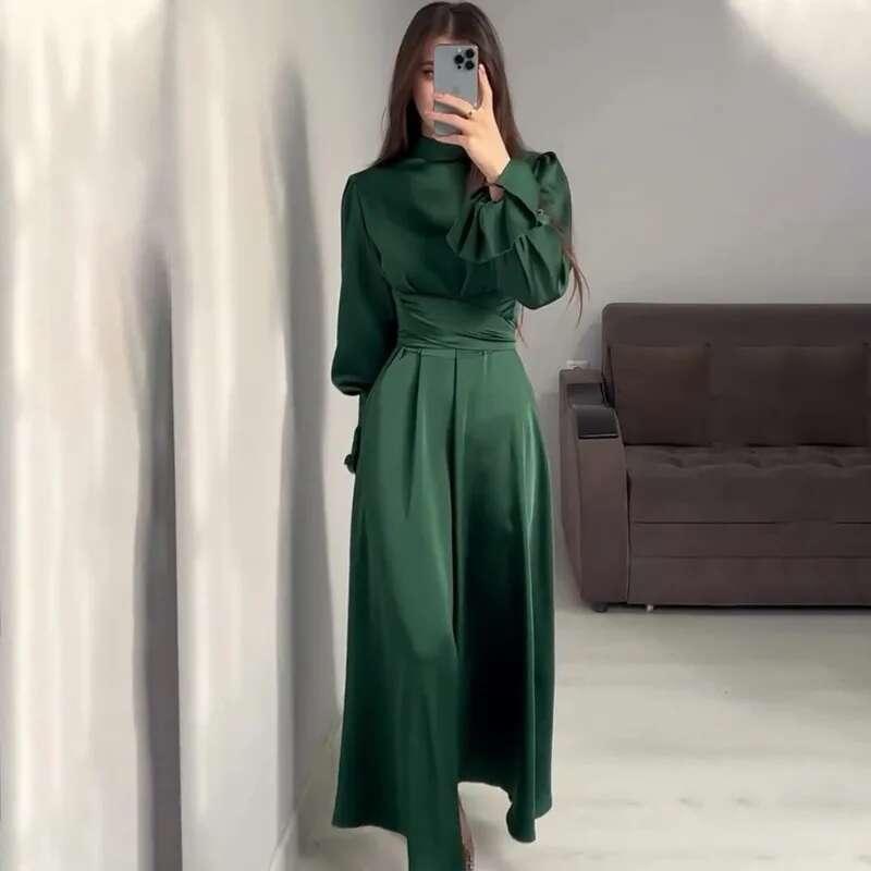 Talenza Elegant Ruffled Sleeve Women's Fashion Bandage Evening Retro Slim Lace Up Solid Color Long Dress