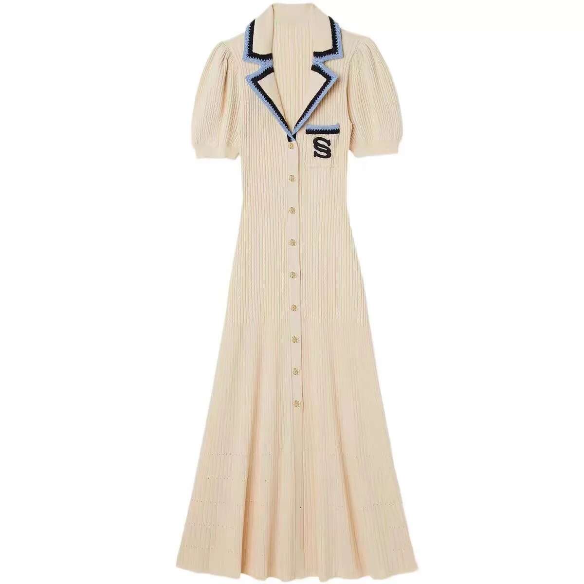 2024 Summer Elegant Slim Knitted Dress Women's Letter Single Breasted Long Sleeved Designer Vintage Dresses White Autumn