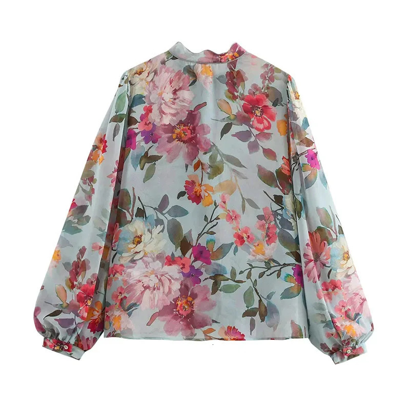 Women Vintage Flower Printed Chiffon Blouses Spring Summer Long Sleeve Bow O-Neck Shirts Woman Holiday Beach Loose Casual Shirt 250310