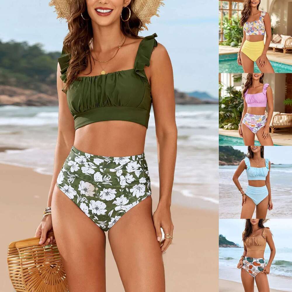 Fashionable two-piece printed swimsuit for women, with wheels, size Y and high, bikini, swim shorts for teenagers