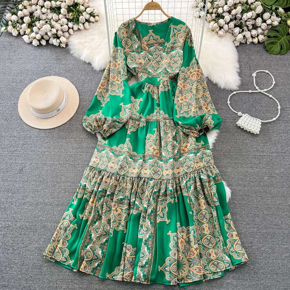 Chic Print Elegant Women Long Sleeve Lace Up Loose Maxi Dress A-E High Waist Holiday Party Female New Autumn Fashion Robe Za