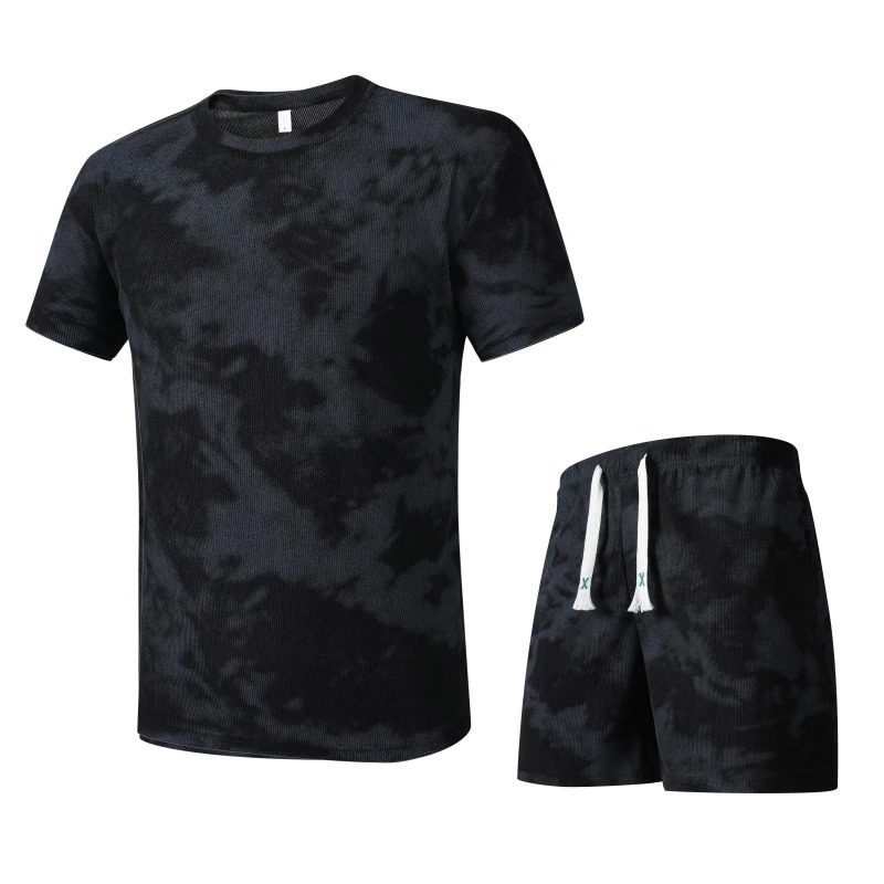 Summer Mens Sports 2 pieces Sets Corduroy Quick Dry Suit Casual Running Tracksuit Gym Fitness Set T Shirts Shorts Men Sportswear 250310