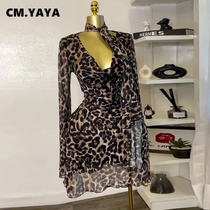 Cm.Yaya Women Full Sleeve Pile Collar Leopard Print Long Maxi Dress Holiday Beach Birthday Evening Sexy Party Dresses Vestidos