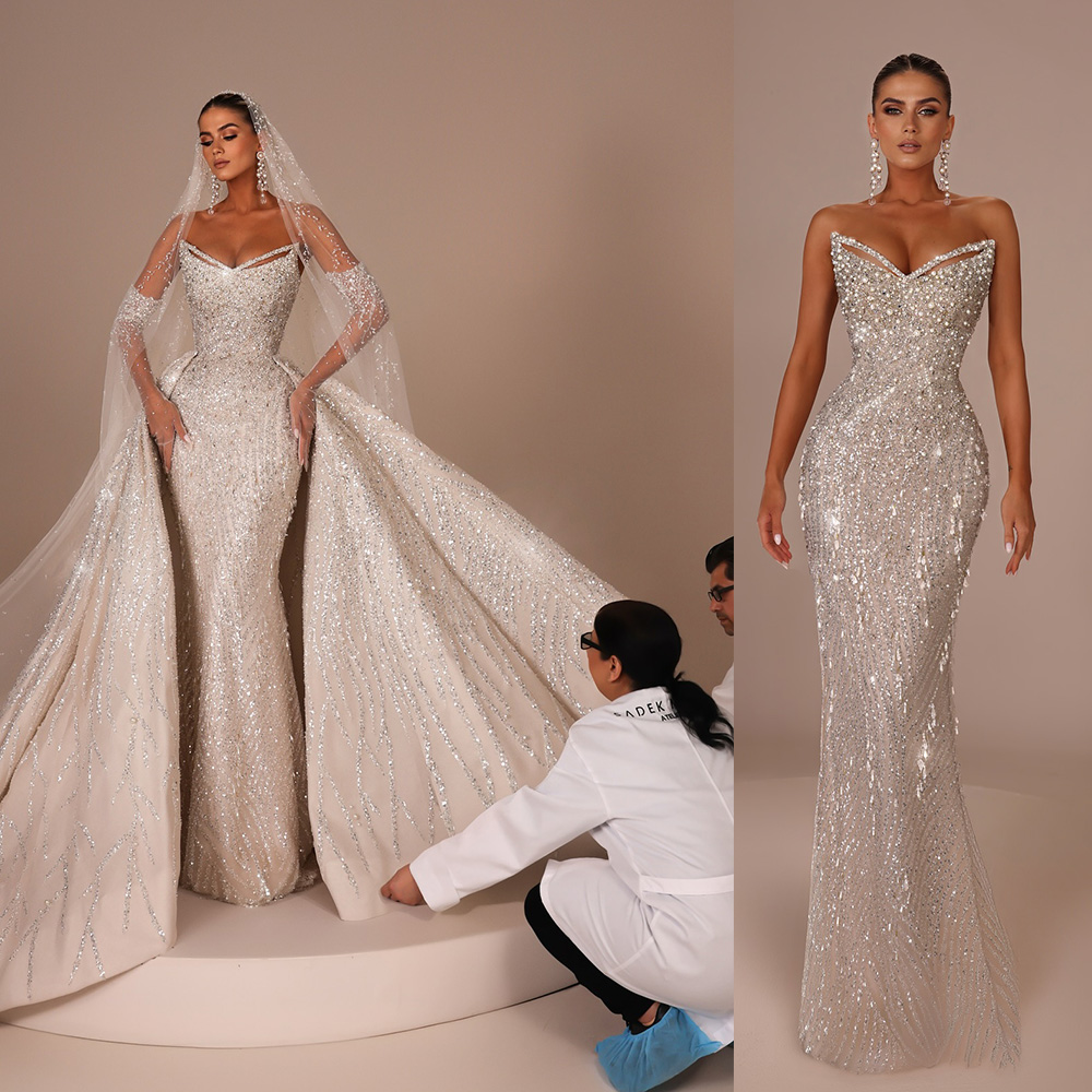 Luxury Wedding Dresses Pearls Crystal Bridal Gowns with Overskirts Sequins Strapless Mermaid Beading Customized Sweep Train Bride Dress Vestidos De No