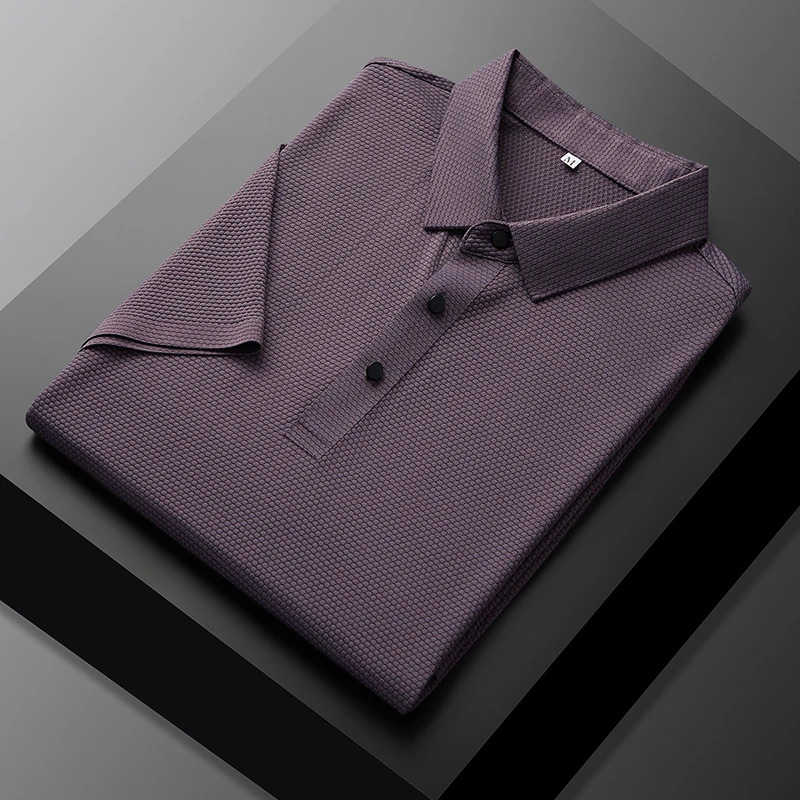 Mens High end Mesh Ice Silk Short sleeved Polo Shirt Summer Solid Color Thin Breathable Anti Wrinkle Tshirt 250312