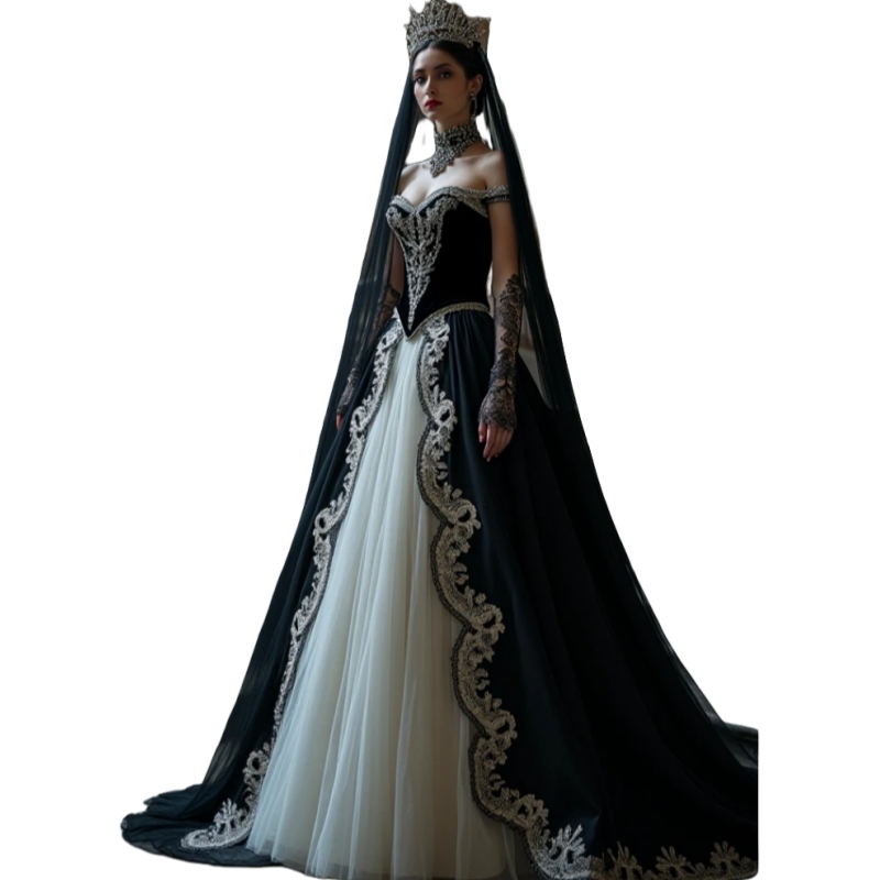 2025 Vintage Black And White Wedding Dresses Off Shoulder A-Line Gothic Bridal Gown Lace Appliques Corset Retro Vestido De Novia